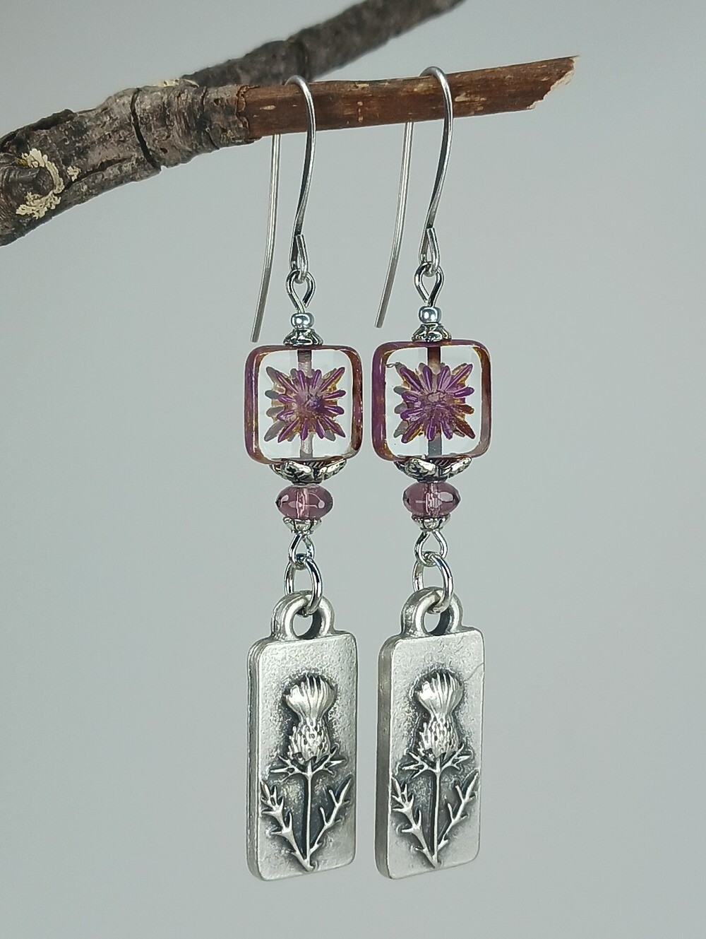 Scottish Thistle Earrings Purple Czech Glass Highland Jewelry Hand Crafted - Picture 2 of 6